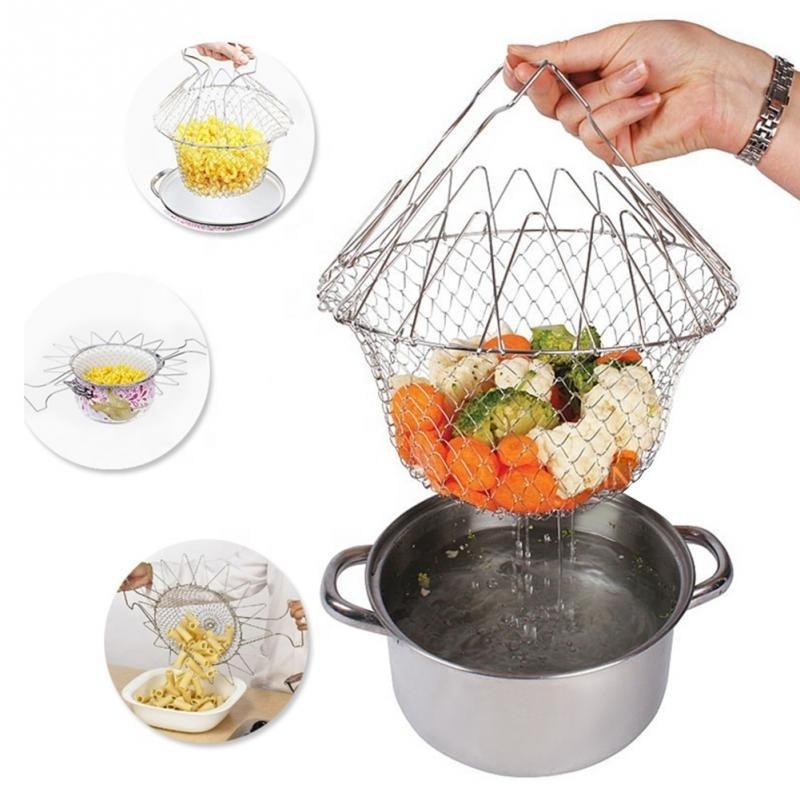 Wholesale Kitchen 18/8 Stainless Steel Deep Frying French Fries Serving Chef Basket Colander Magic Mesh Basket With Handle