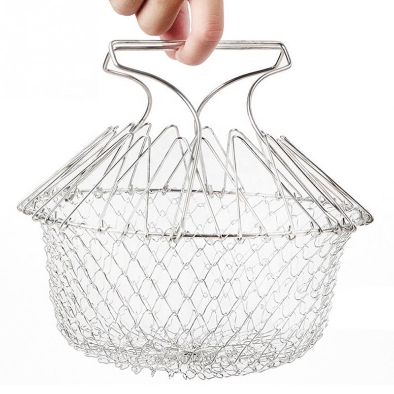 Wholesale Kitchen 18/8 Stainless Steel Deep Frying French Fries Serving Chef Basket Colander Magic Mesh Basket With Handle