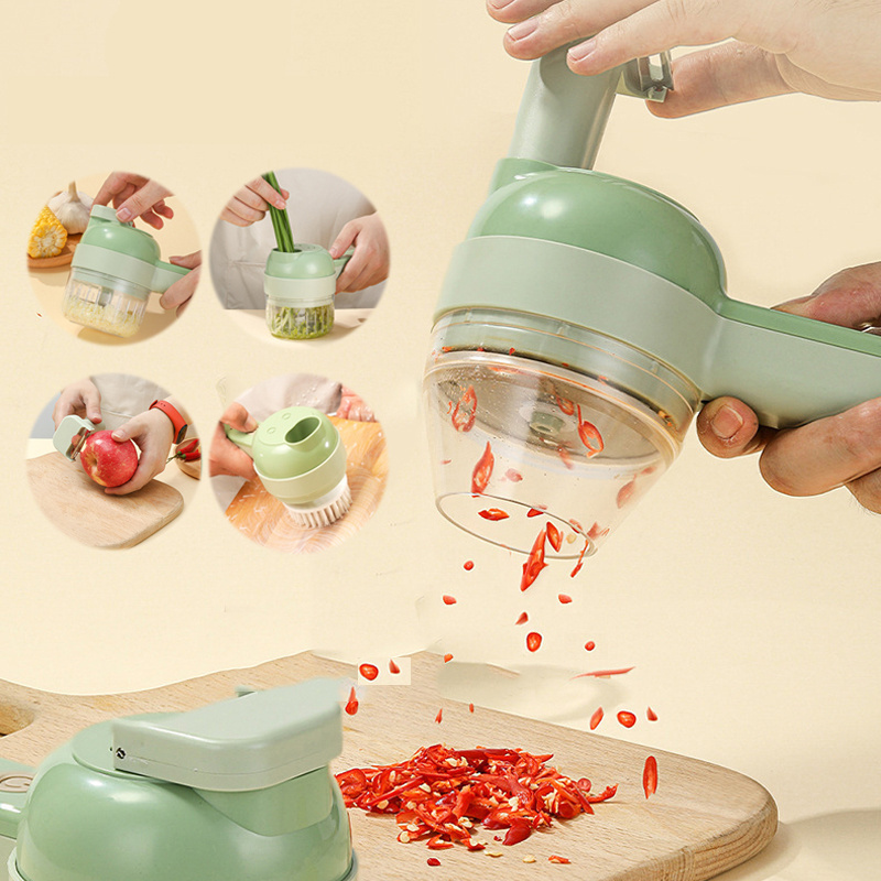 4 in 1 Handheld Electric Vegetable Cutter Set Wireless Food Processor Garlic Pepper Chili Onion Celery Ginger Meat with Brush