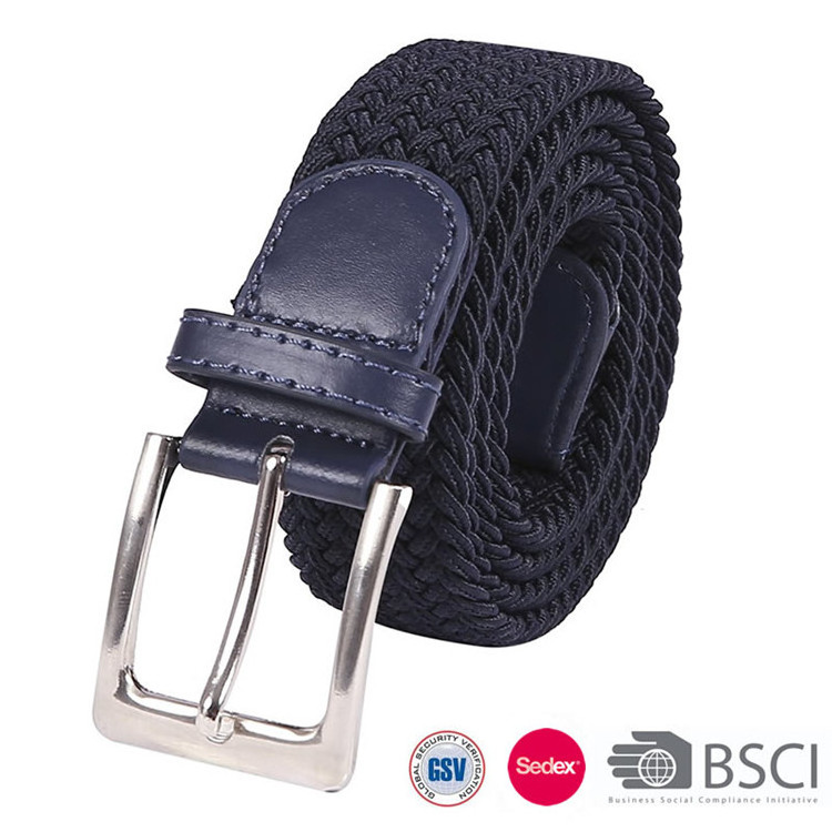 Mens Leather Tip Pink Navy Blue Stretch Elastic Braided Belt with Silver Pin Buckle