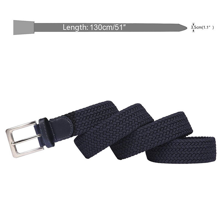 Mens Leather Tip Pink Navy Blue Stretch Elastic Braided Belt with Silver Pin Buckle