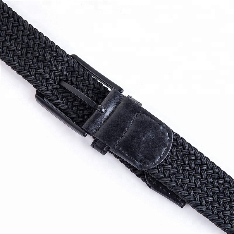 Custom Logo Men's Black Adjustable Braided Stretch Leather End Tip Elastic Woven Stretch Belt