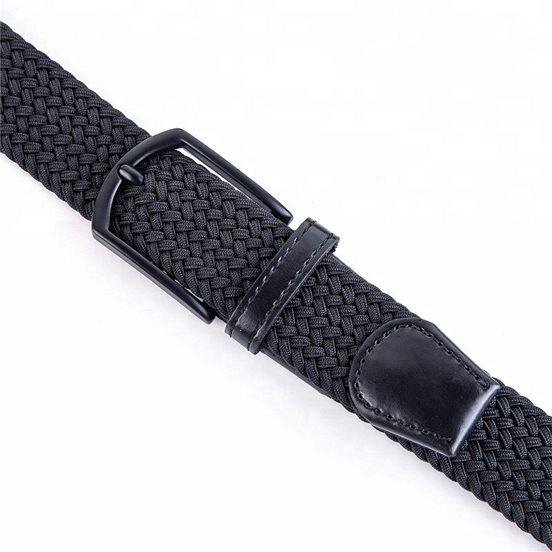 Custom Logo Men's Black Adjustable Braided Stretch Leather End Tip Elastic Woven Stretch Belt