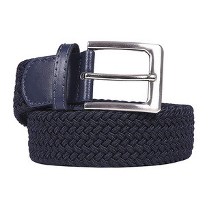 Mens Leather Tip Pink Navy Blue Stretch Elastic Braided Belt with Silver Pin Buckle