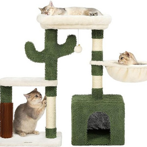 32" Cute Cactus Cat Tower: Condo, Scratching Post, Hammock, Massage Brush,Dangling Ball - Perfect for Indoor Kittens