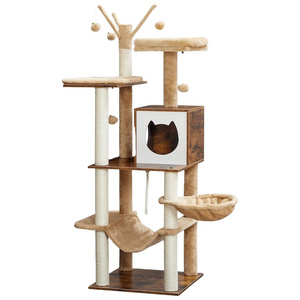 58.3 Inches Cat Tower for Indoor Cats, Wooden Cat House with 2 Cat Hammocks, Modern Cat Condo with Cat Scratching Posts