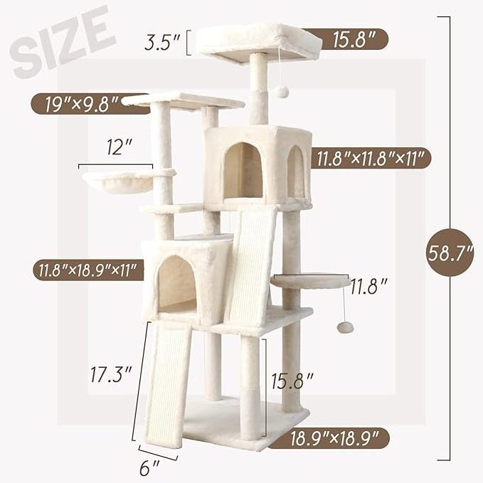 58.7 Inch Cat Tree Stand for Indoor Cats, Tall Cat Tower w/Sisal Scratching Post, Condo Hammock & Dangling Ball