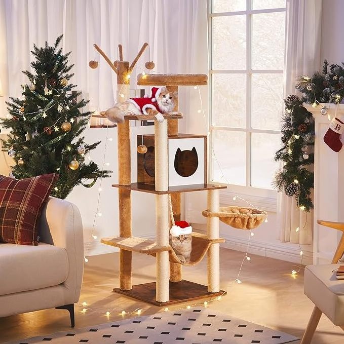 58.3 Inches Cat Tower for Indoor Cats, Wooden Cat House with 2 Cat Hammocks, Modern Cat Condo with Cat Scratching Posts