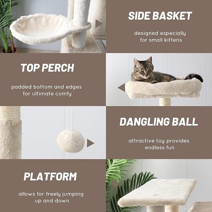 58.7 Inch Cat Tree Stand for Indoor Cats, Tall Cat Tower w/Sisal Scratching Post, Condo Hammock & Dangling Ball