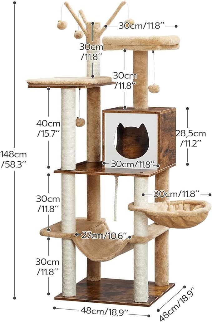 58.3 Inches Cat Tower for Indoor Cats, Wooden Cat House with 2 Cat Hammocks, Modern Cat Condo with Cat Scratching Posts