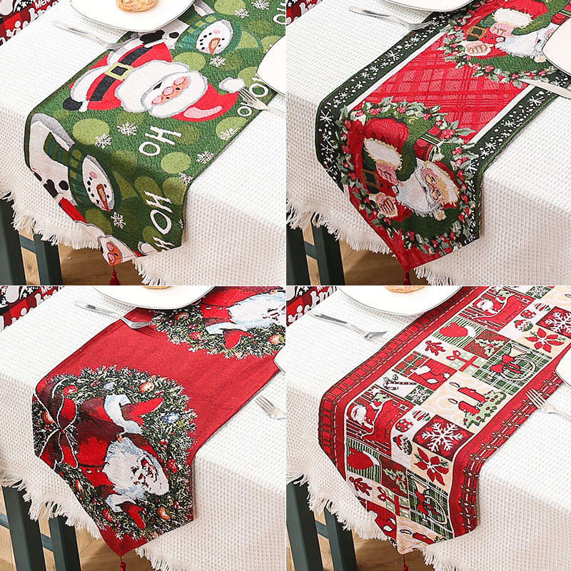 Polyester Cotton Christmas Table Runner Tapestry Santa Candles Table Cover For Xmas Table Dinning Decor