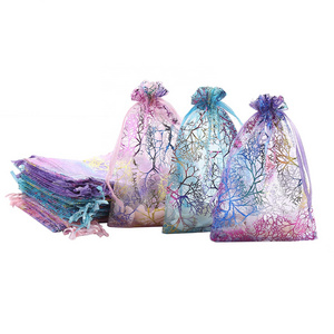 9*12 Christmas Ornament Mesh Bags Mixed Color Coralline Organza Gift Wrap Bags Organza Sheer Drawstring Pouch with Satin Ribbon