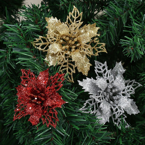 11cm Artificial Colorful Christmas Decorative Floral Accessories Tree Wreath Ornaments Christmas Glitter Poinsettia Flowers