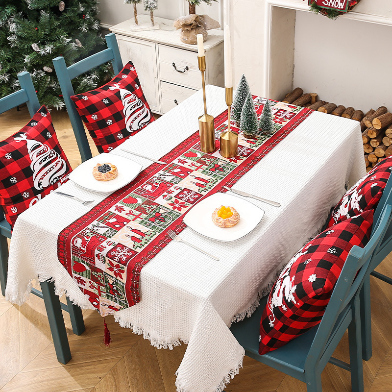 Polyester Cotton Christmas Table Runner Tapestry Santa Candles Table Cover For Xmas Table Dinning Decor