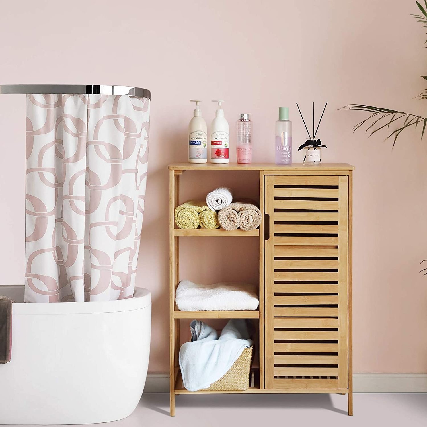 Bamboo Storage Cabinets Bathroom Cabinet with 3 Tier Shelves, Free Standing Storage Cabinet Furniture