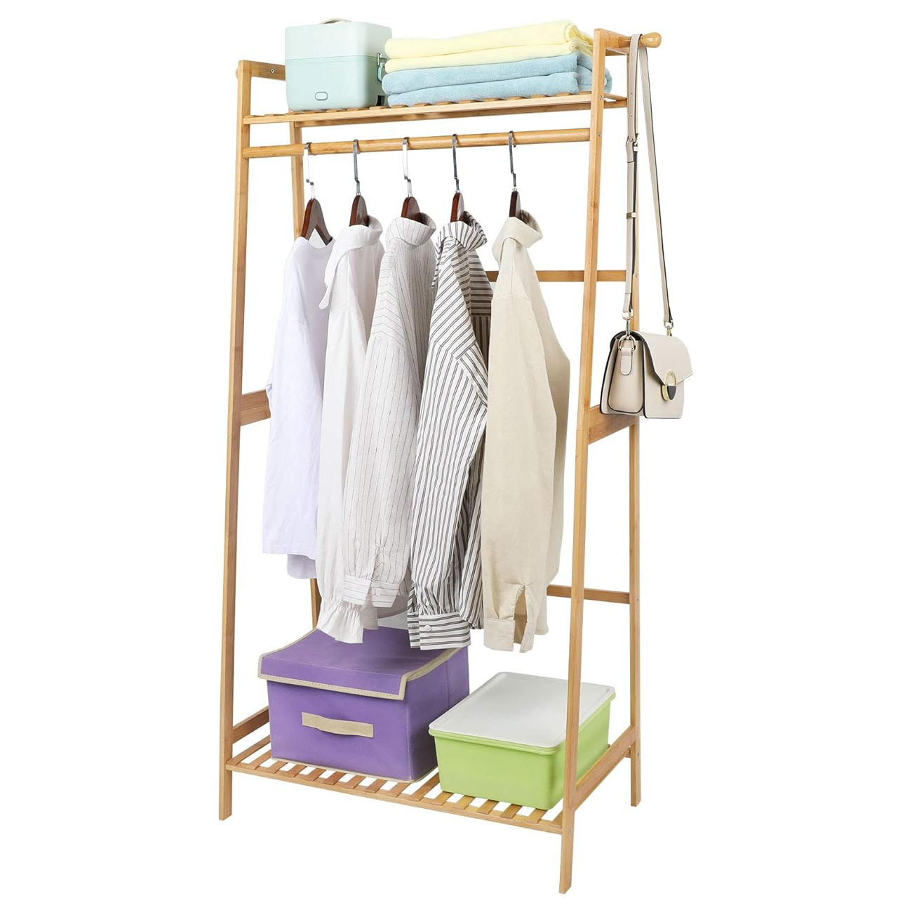 2-Tier Bamboo Clothes Hanging Rack with 2 Coat Hooks Portable Laundry Closet Organizer Garment Rack for Bedroom or Guest Room