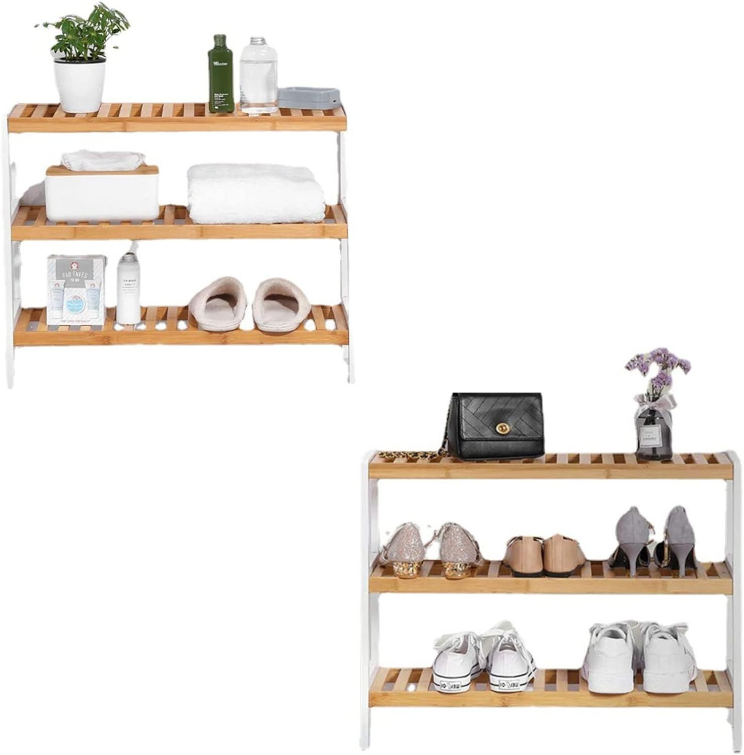 Natural & white bamboo shoe rack display stand 3 tier storage shelf organizer for shoes