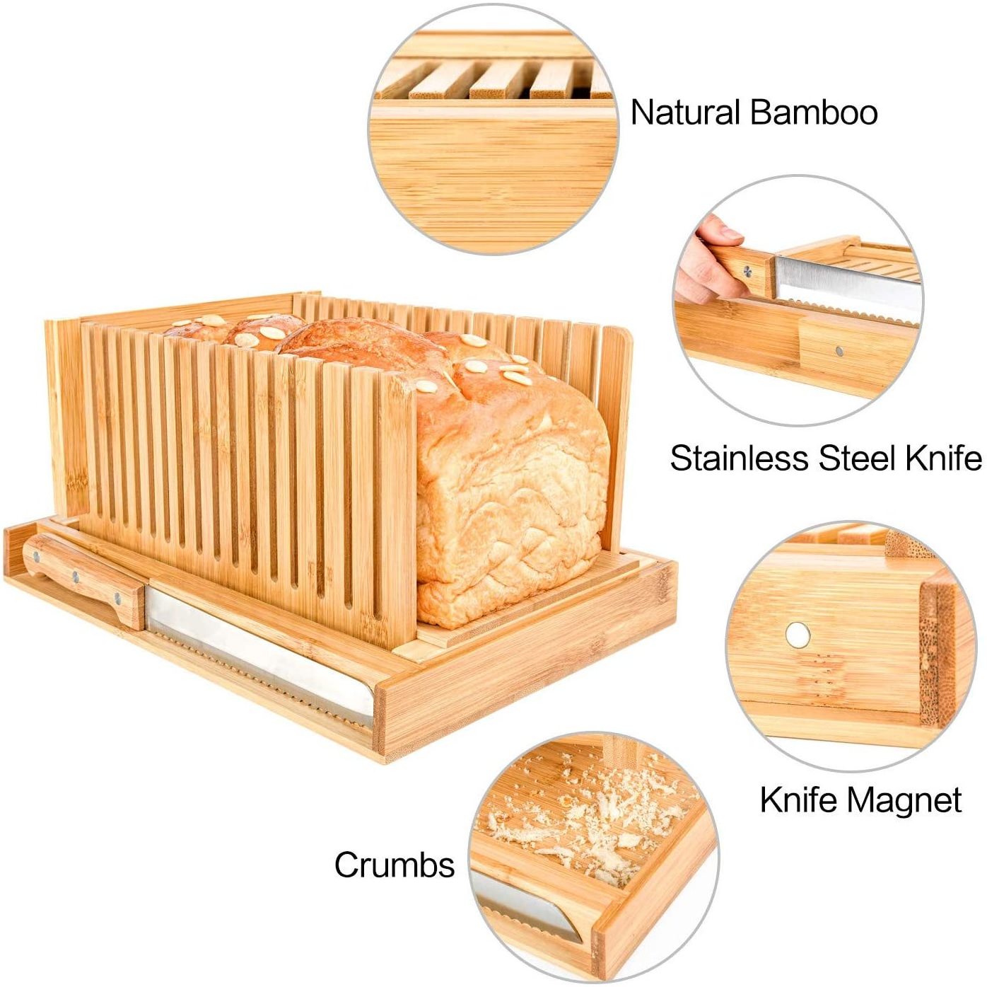 High quality adjustable bamboo wooden bread cutting board bread slicer with knife and crumbs tray manufacture in china