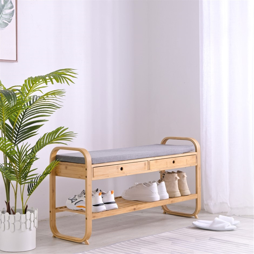 Extra Large Size Bamboo Entryway Shoe Storage Bench With Soft Cushion Multifunctional bamboo shoe rack bench bamboo