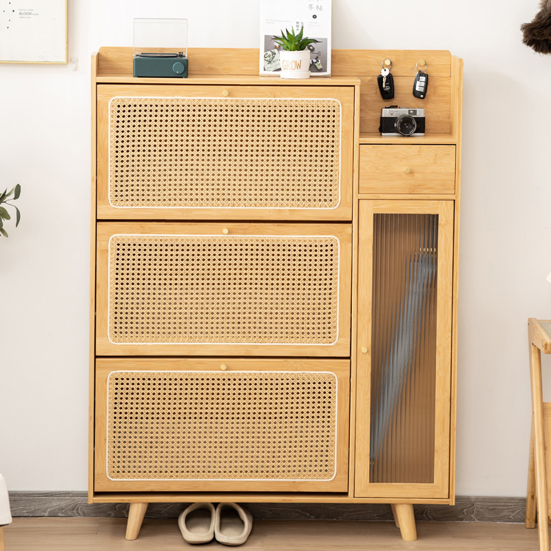 Natural bamboo 3 rattan drawers living room portable storage shoe rack cabinet with glass door