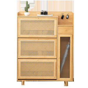 Natural bamboo 3 rattan drawers living room portable storage shoe rack cabinet with glass door