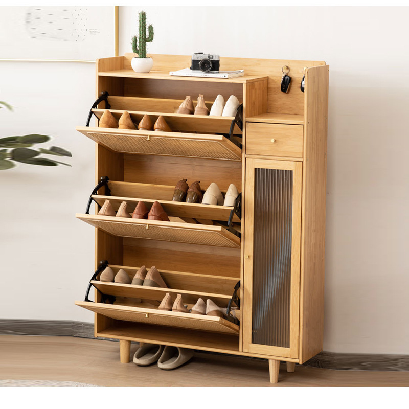 Natural bamboo 3 rattan drawers living room portable storage shoe rack cabinet with glass door