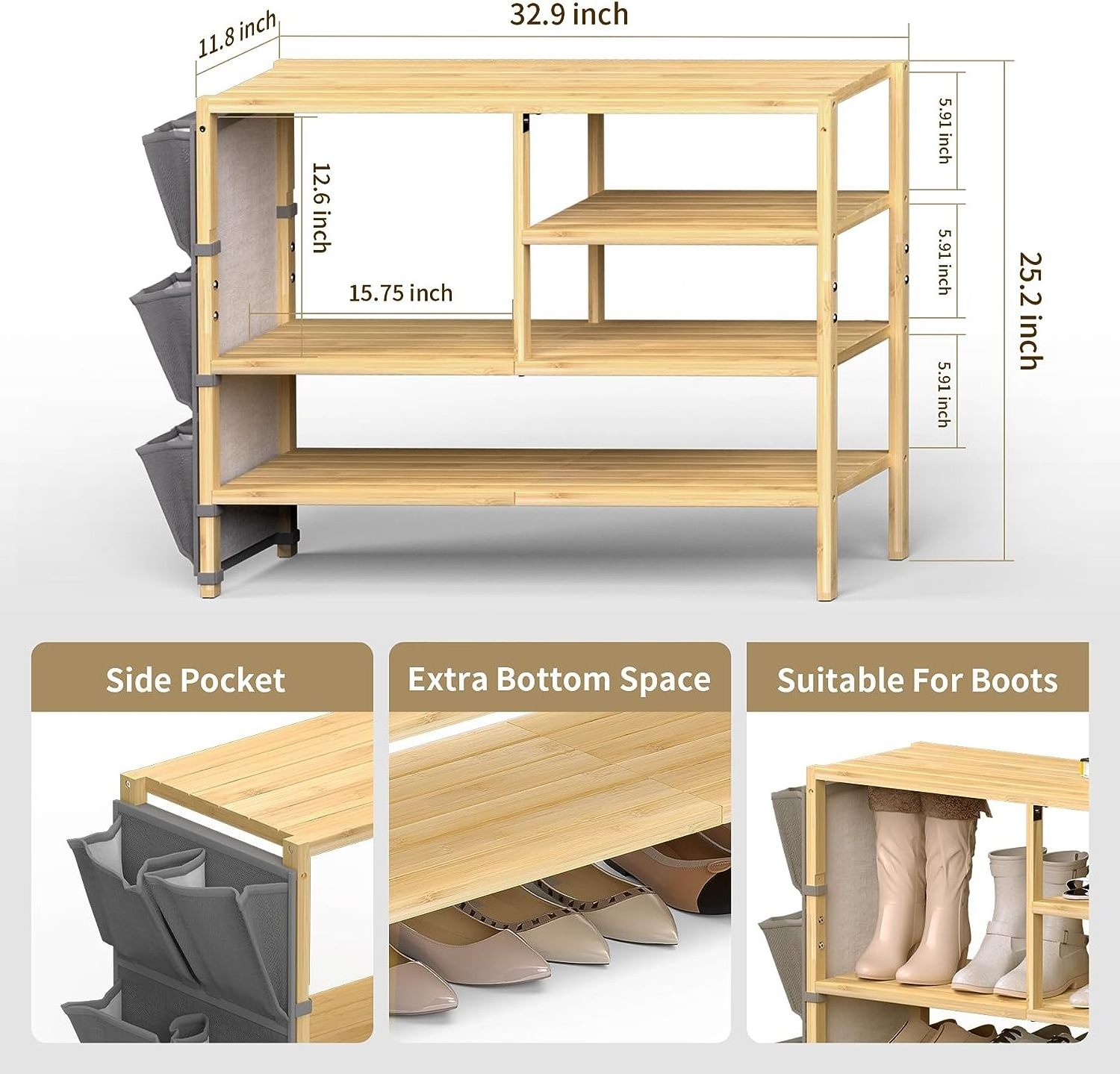 Natural bamboo 4 Tiers Shoe Organizer for Closet, Sturdy Boots Shoes Storage for 20-24 Pairs, FreeStanding Shoe Shelf