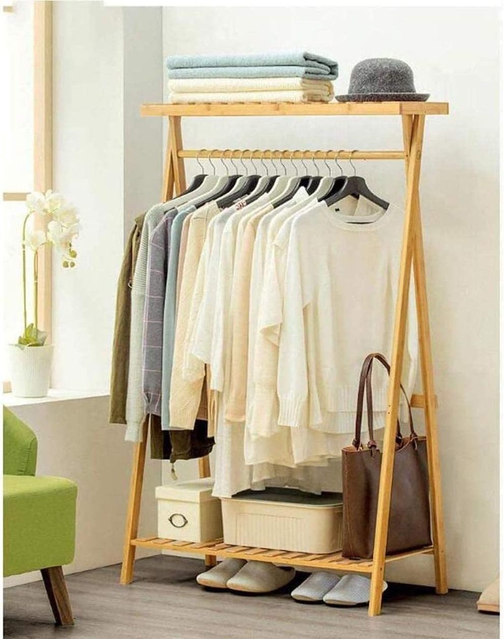 Coat Rack Bamboo Garment Coat Clothes Hanging Heavy Duty Rack with top Shelf and 1-Tier Shoe Clothing Storage Organizer Shelves.