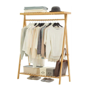 Coat Rack Bamboo Garment Coat Clothes Hanging Heavy Duty Rack with top Shelf and 1-Tier Shoe Clothing Storage Organizer Shelves.