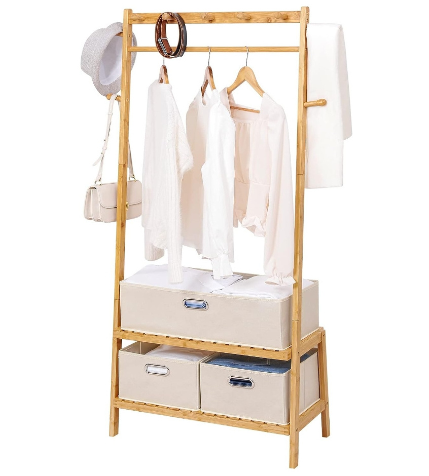 Bamboo Portable Clothing Rack with 3 Storage Box Standing Garment Wardrobe for Hanging Clothes 2 Organizer Shelves