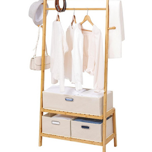 Bamboo Portable Clothing Rack with 3 Storage Box Standing Garment Wardrobe for Hanging Clothes 2 Organizer Shelves