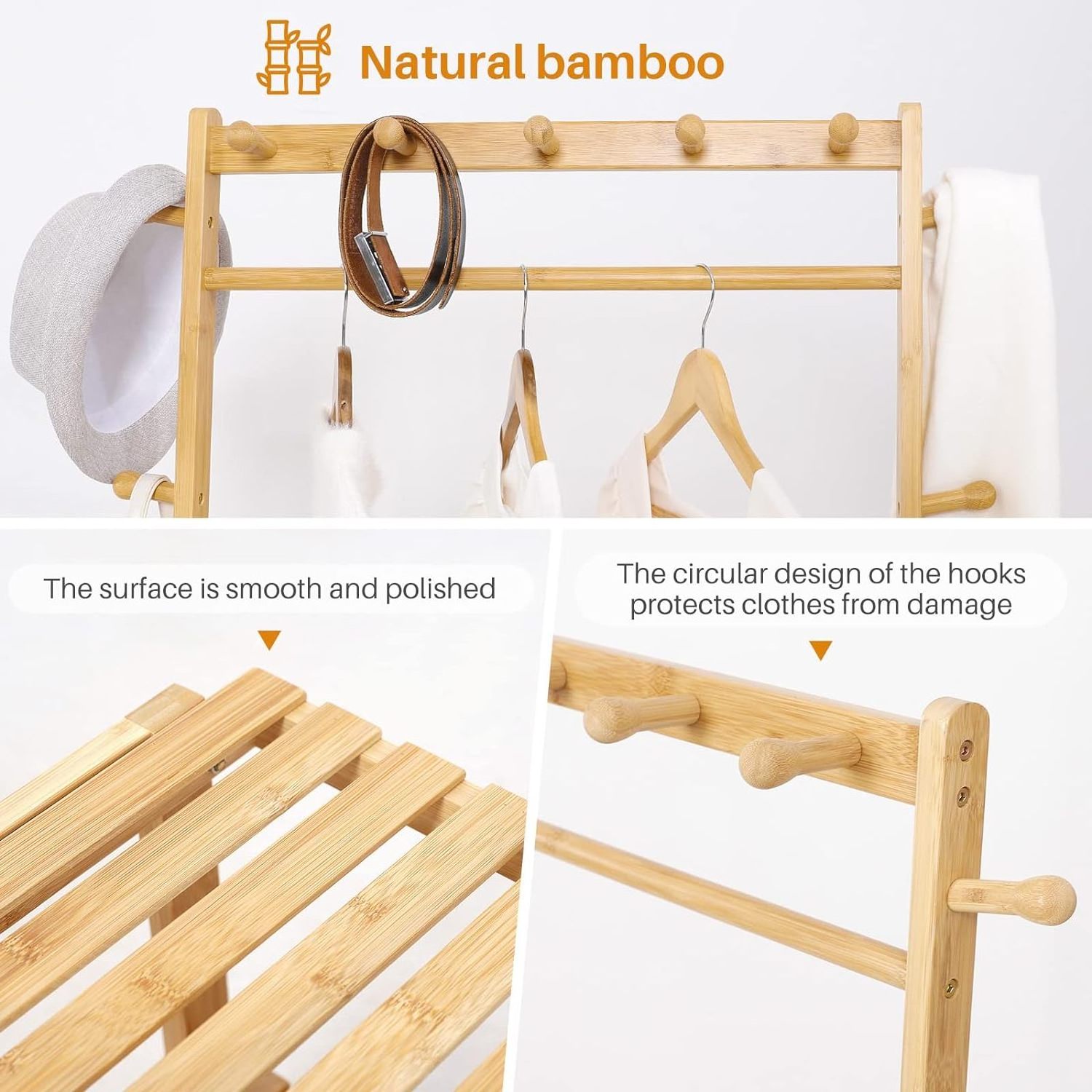 Bamboo Portable Clothing Rack with 3 Storage Box Standing Garment Wardrobe for Hanging Clothes 2 Organizer Shelves