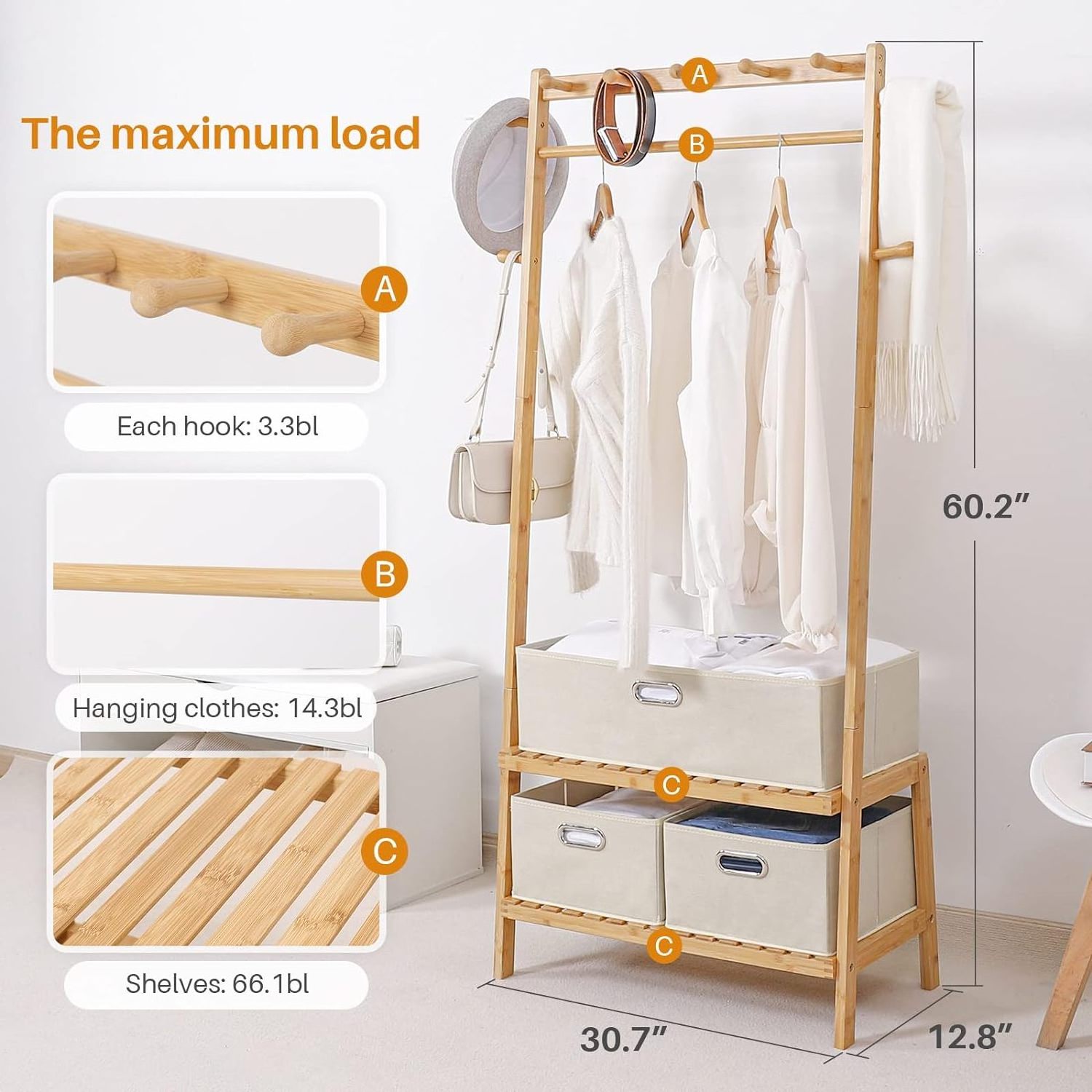 Bamboo Portable Clothing Rack with 3 Storage Box Standing Garment Wardrobe for Hanging Clothes 2 Organizer Shelves