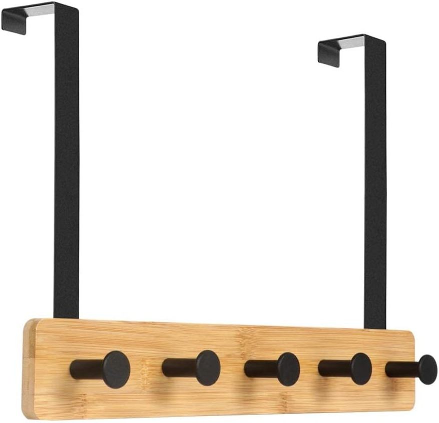 Bamboo Over The Door Hooks 5 Hooks Door Hanger, Sturdy Heavy Duty Coat Rack for Bag, Coat, Towel, Hat