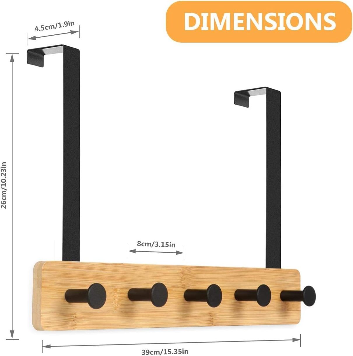 Bamboo Over The Door Hooks 5 Hooks Door Hanger, Sturdy Heavy Duty Coat Rack for Bag, Coat, Towel, Hat