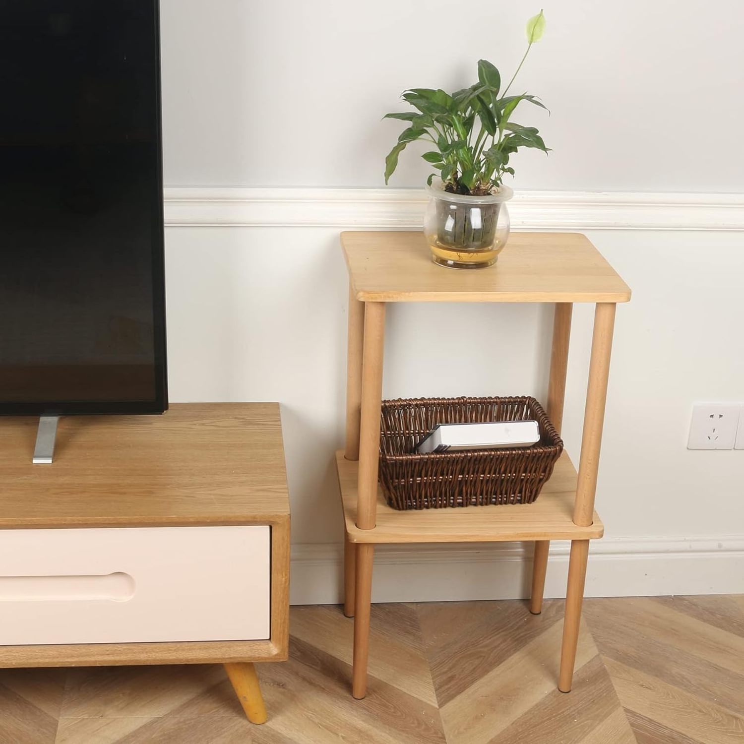 Bamboo wood natural 2-Tier End Table with Storage Shelves Tall Nightstand Bedside Table for Living Room side table