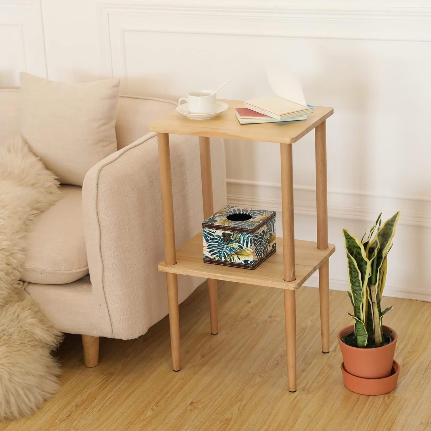 Bamboo wood natural 2-Tier End Table with Storage Shelves Tall Nightstand Bedside Table for Living Room side table