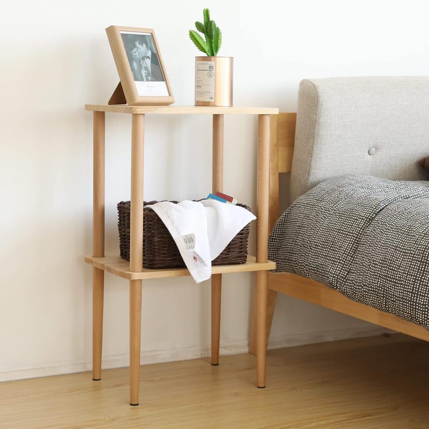 Bamboo wood natural 2-Tier End Table with Storage Shelves Tall Nightstand Bedside Table for Living Room side table