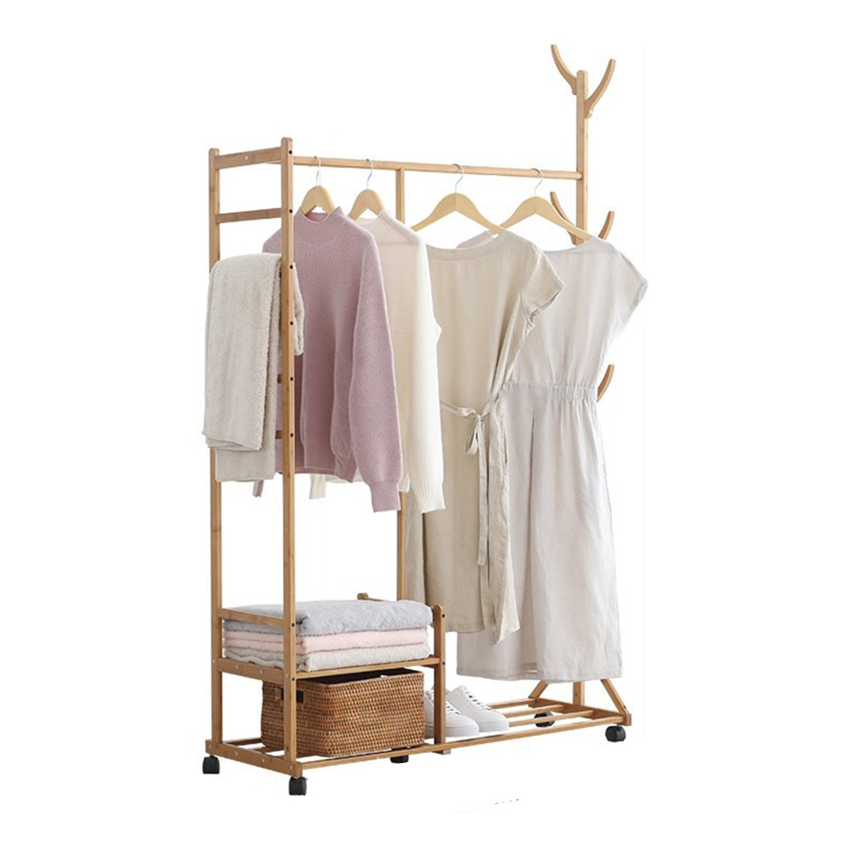 Bamboo Clothes Laundry Rack with 6 Side Hooks Lower Shoe Shelf