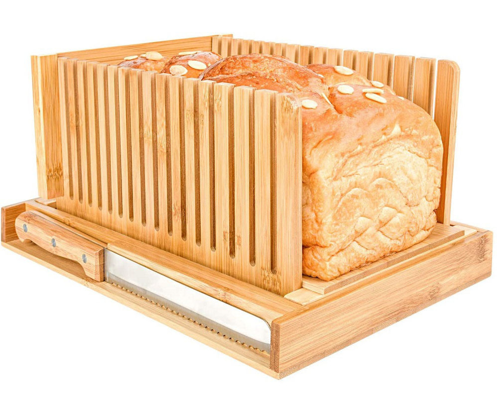 High quality adjustable bamboo wooden bread cutting board bread slicer with knife and crumbs tray manufacture in china