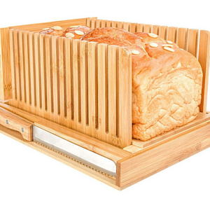 High quality adjustable bamboo wooden bread cutting board bread slicer with knife and crumbs tray manufacture in china