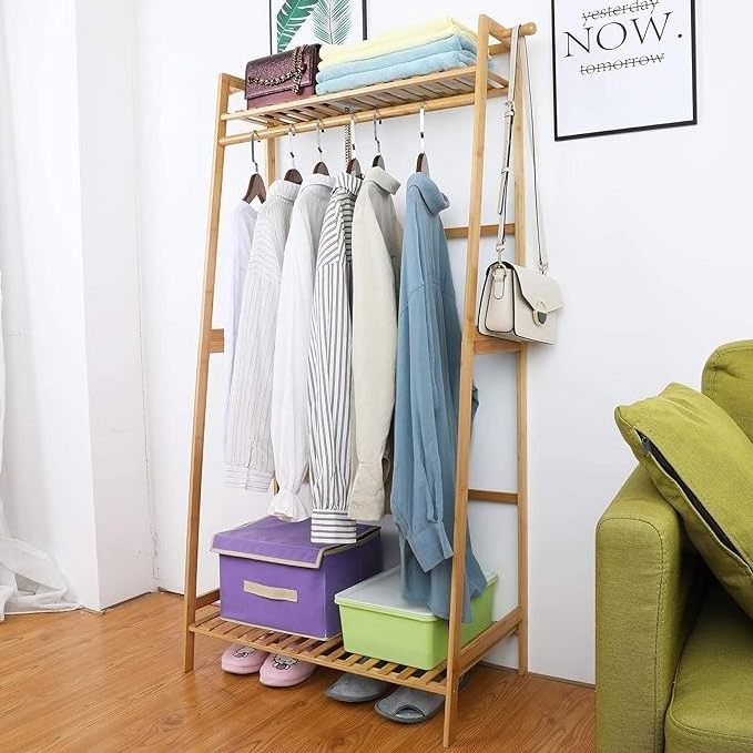 2-Tier Bamboo Clothes Hanging Rack with 2 Coat Hooks Portable Laundry Closet Organizer Garment Rack for Bedroom or Guest Room