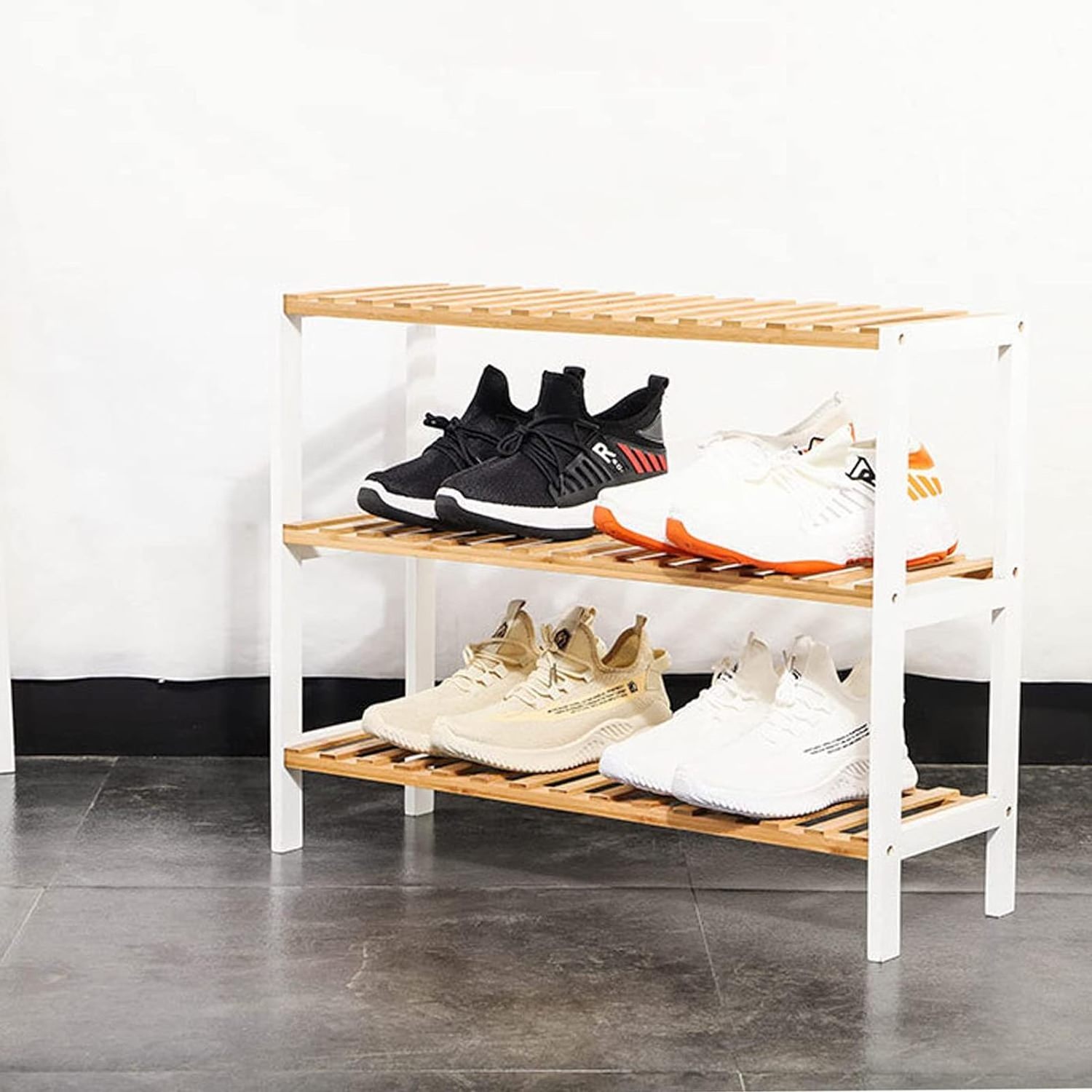 Natural & white bamboo shoe rack display stand 3 tier storage shelf organizer for shoes