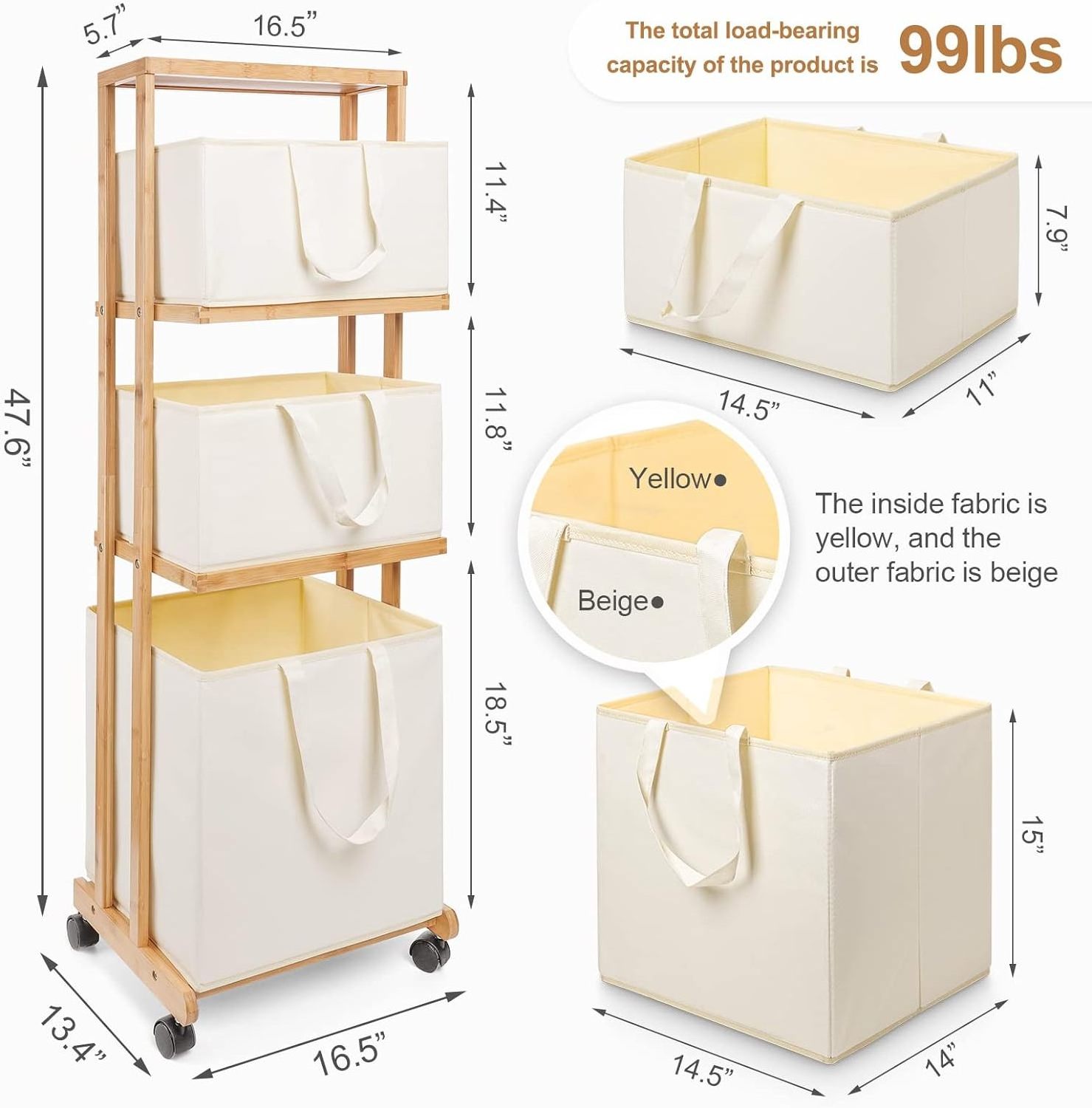 3 Tier Bamboo Storage Shelf with Wheels Removable Storage Basket with Handle Freestanding Hamper Organizer