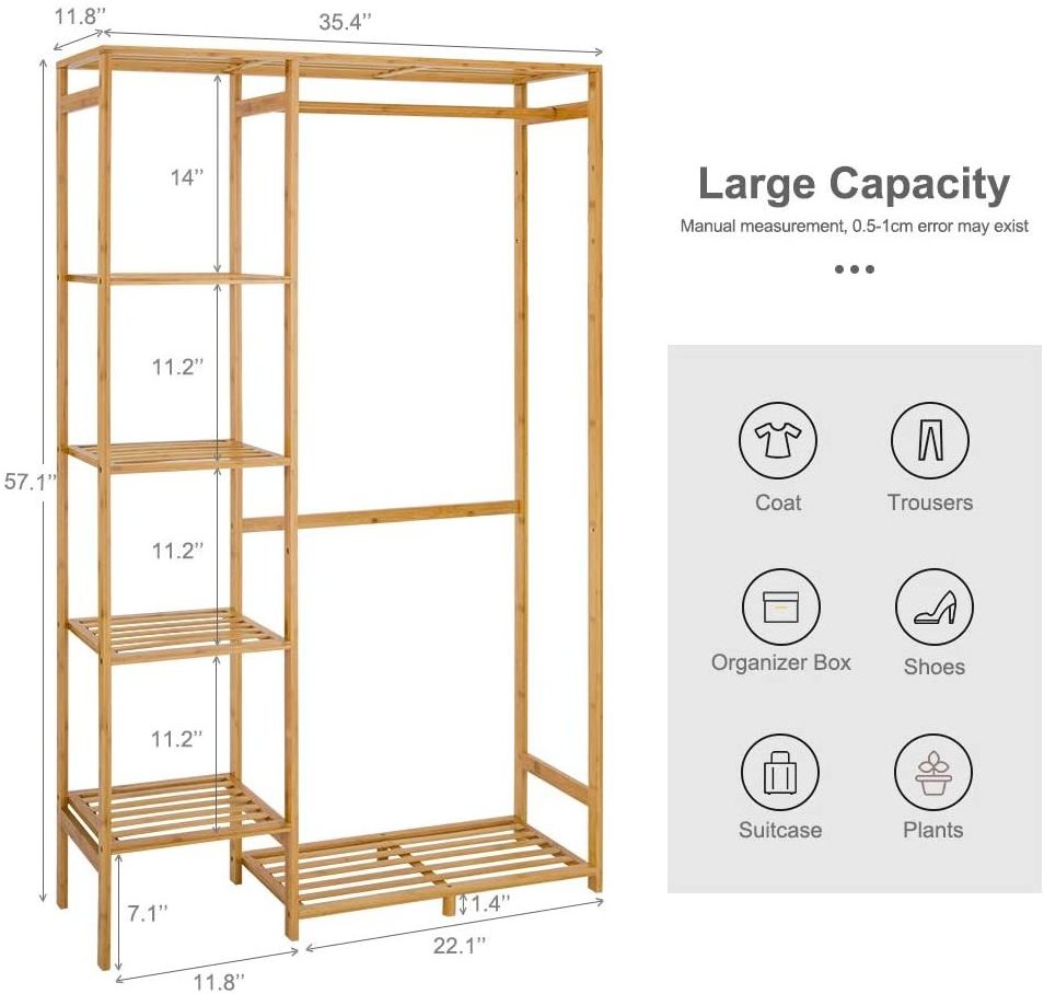 Bamboo Garment Rack 6 Tier Storage Shelves Clothes Hanging Rack Side Hooks Heavy Duty Clothing Rack