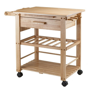 100% wooden Kitchen Trolley Cart with Wheels Shelves Drawer