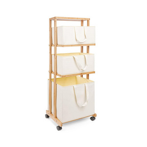 3 Tier Bamboo Storage Shelf with Wheels Removable Storage Basket with Handle Freestanding Hamper Organizer