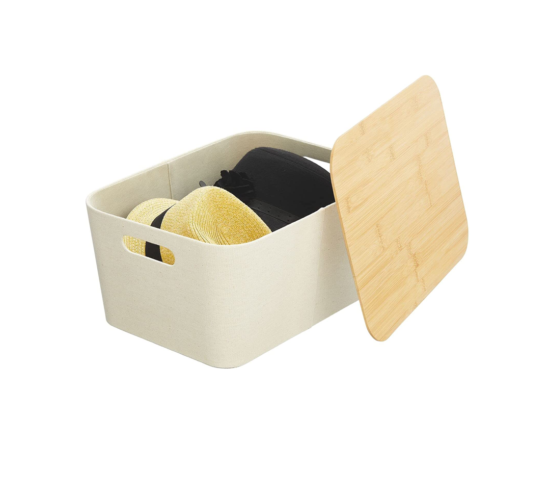 Fabric Basket with Lid - Stacking Decorative Storage Box Bins with Bamboo Lid for Closet, Bedroom, Living Room or Office