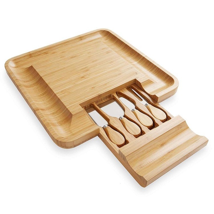 Bamboo Cheese Board And Knife Set With Hidden Drawer Custom Factory Wooden Bamboo Cheese Board with Cutlery Set