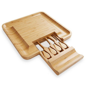 Bamboo Cheese Board And Knife Set With Hidden Drawer Custom Factory Wooden Bamboo Cheese Board with Cutlery Set